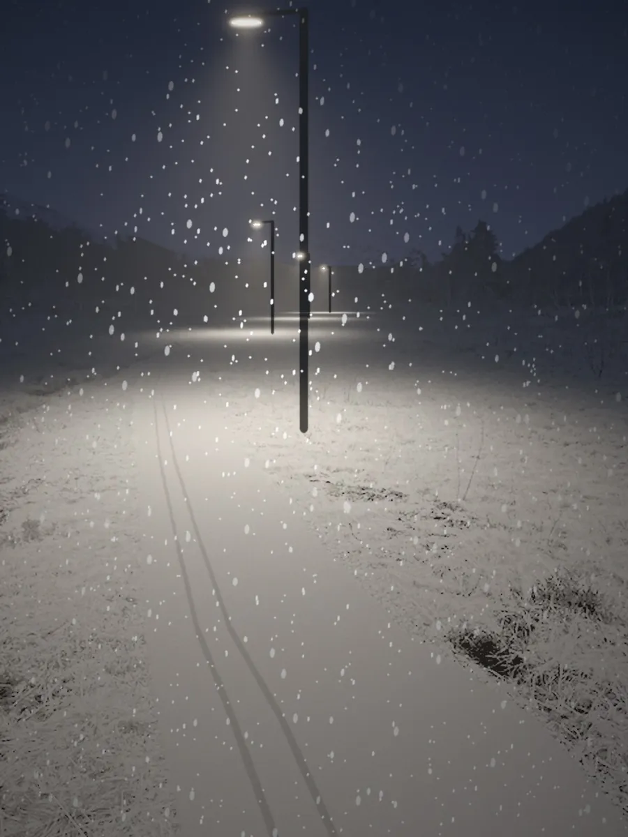 Illustrasjon: lavlandsløypa en vinterkveld i snøvær med LED-lys